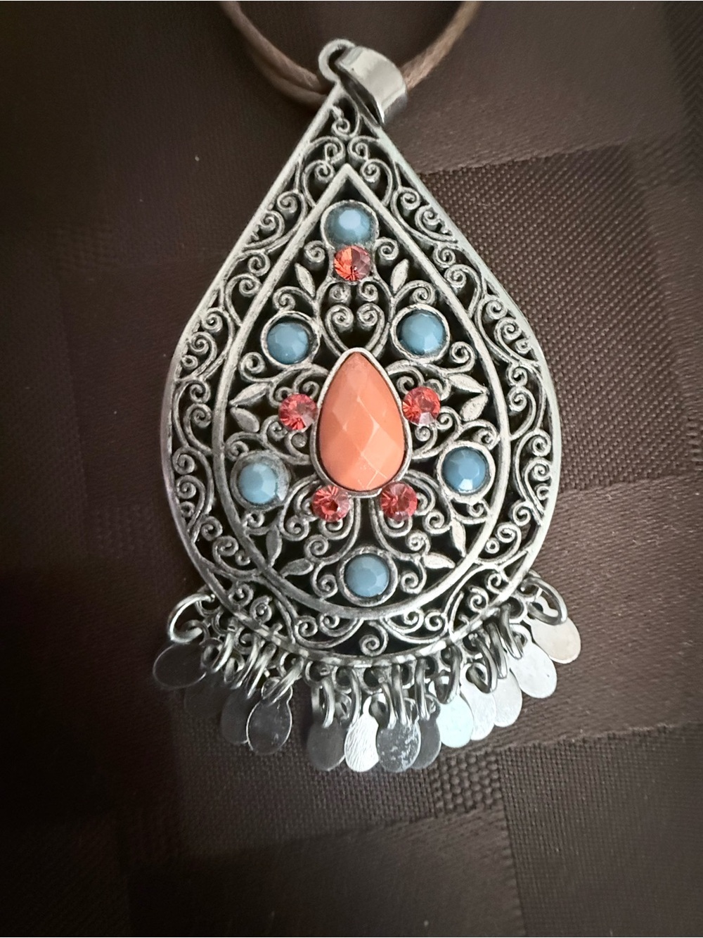 Boho Teardrop Pendant Necklace with Coral and Turquoise Accents,28”